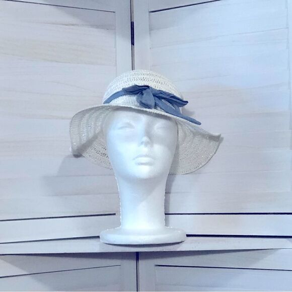 Kids Off White Weaved Wide Brim Summer Hat OS - Picture 1 of 9